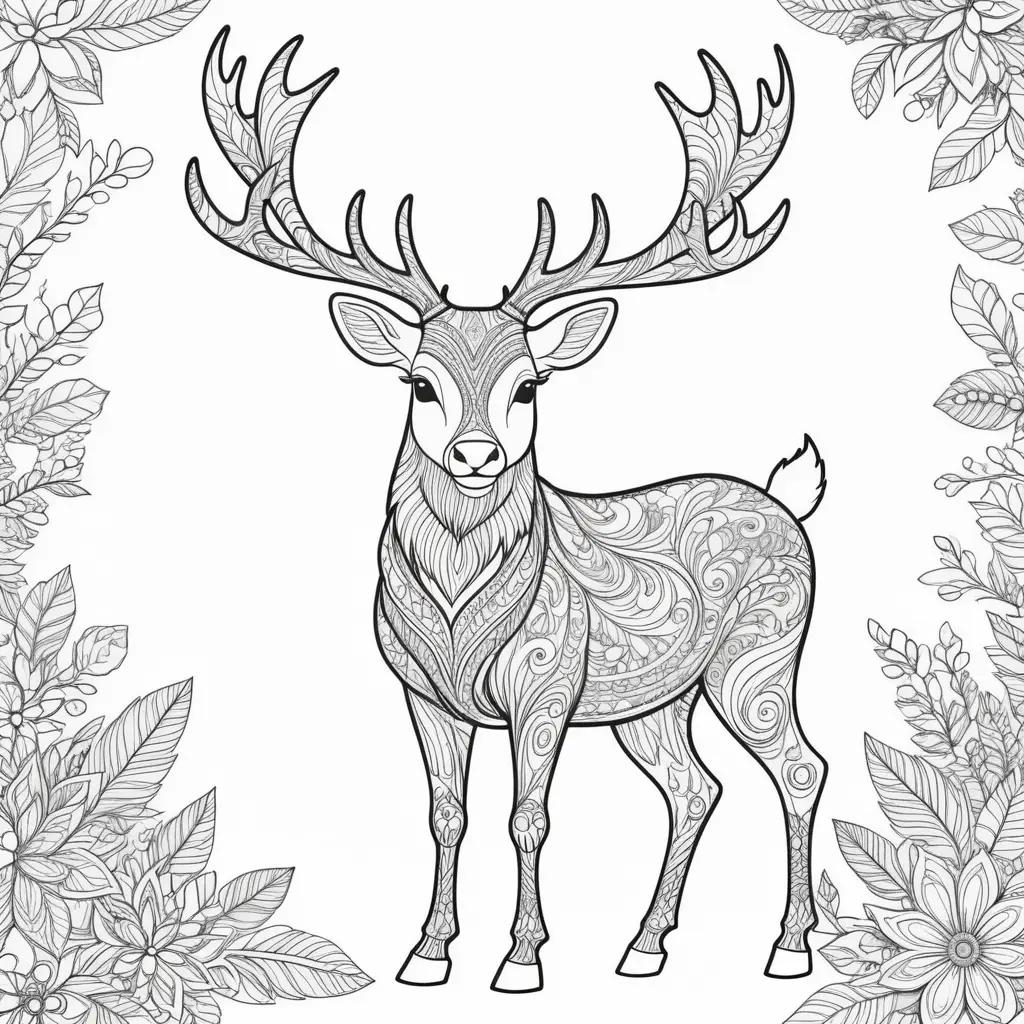 Reindeer coloring page with intricate details and leaves