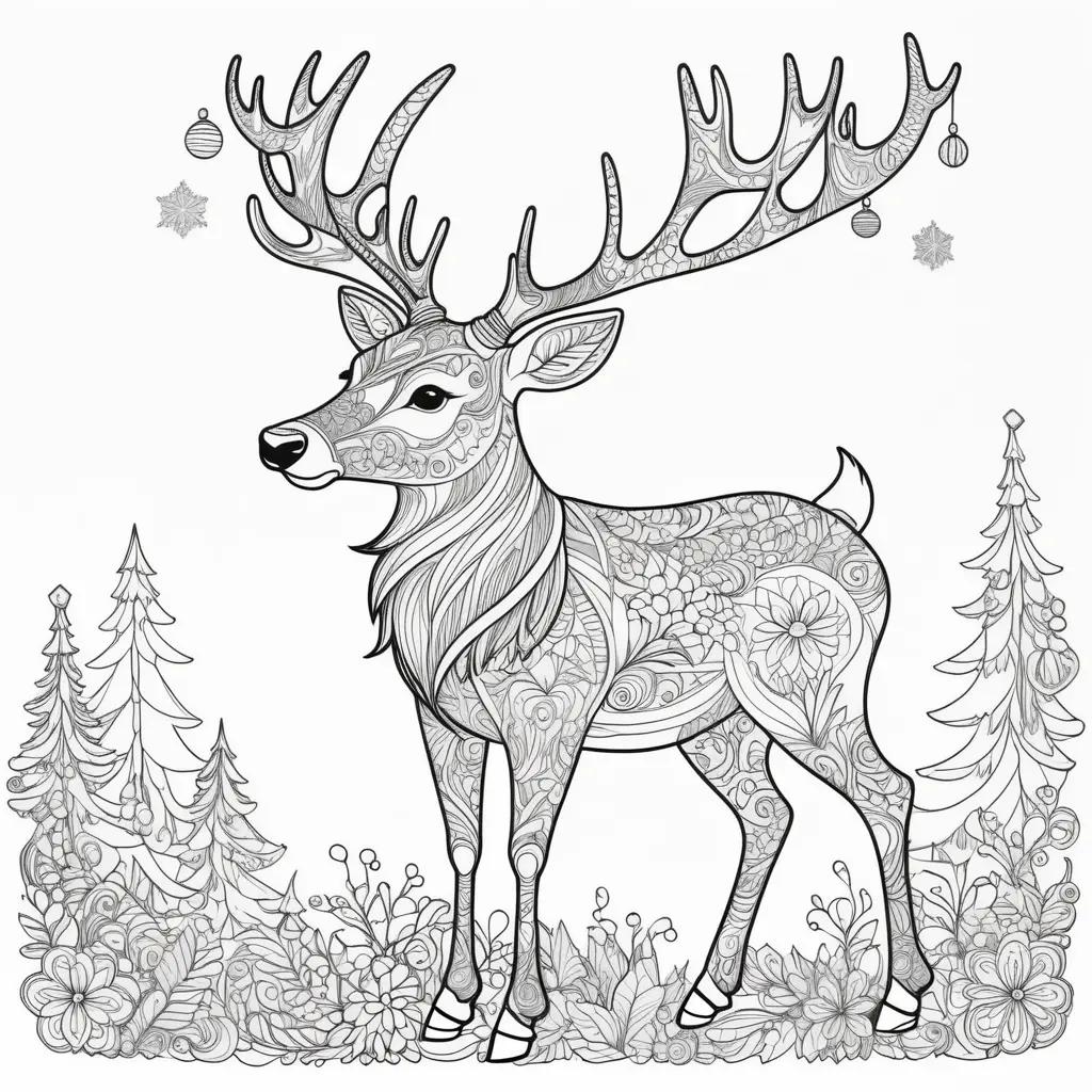 Reindeer coloring page with trees and ornaments