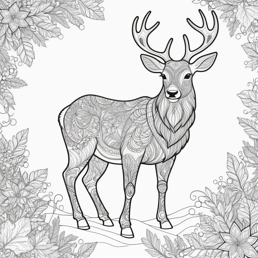 Reindeer coloring pages, a black and white illustration of a reindeer with antlers and a snowy background