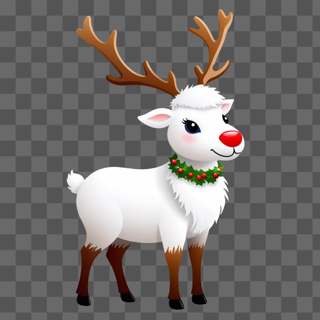 Reindeer in Christmas pose with red nose and berry wreath