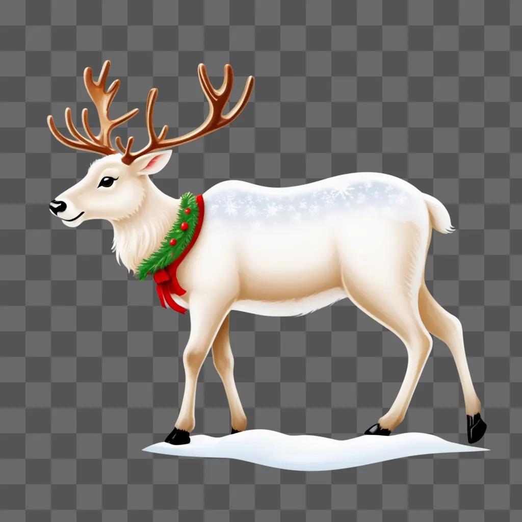 Reindeer with red ribbon and white antlers on a beige background