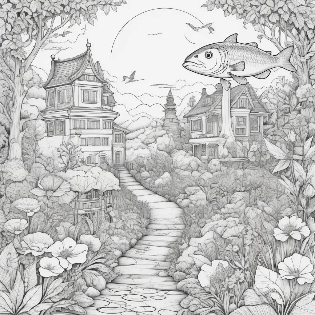 Relational dirty coloring pages of a fish and houses