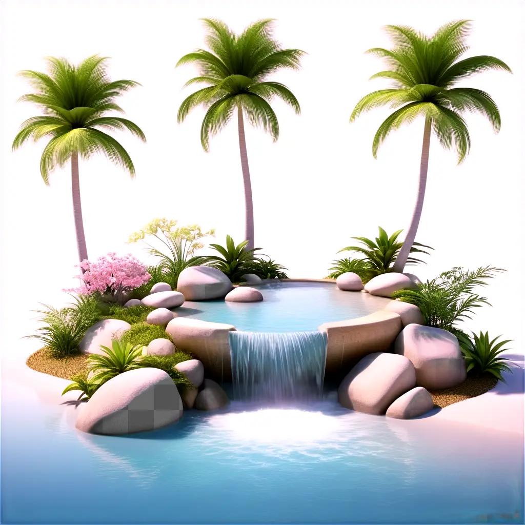 Relaxing tropical island setting with waterfall and flowers