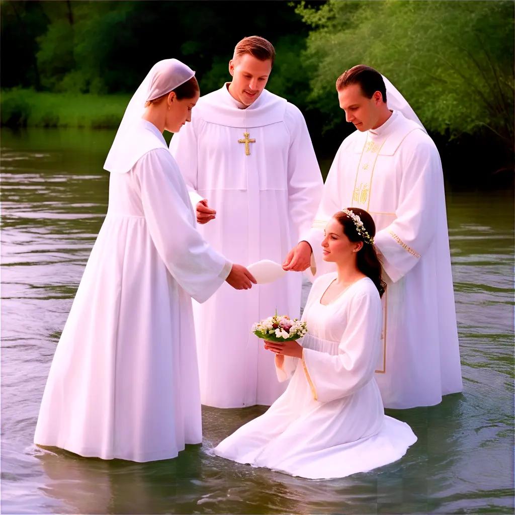 Religious ceremony of a woman being baptized in a river