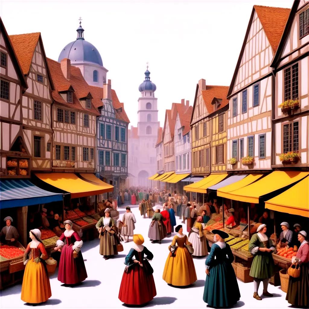 Renaissance-era street scene with colorful dresses