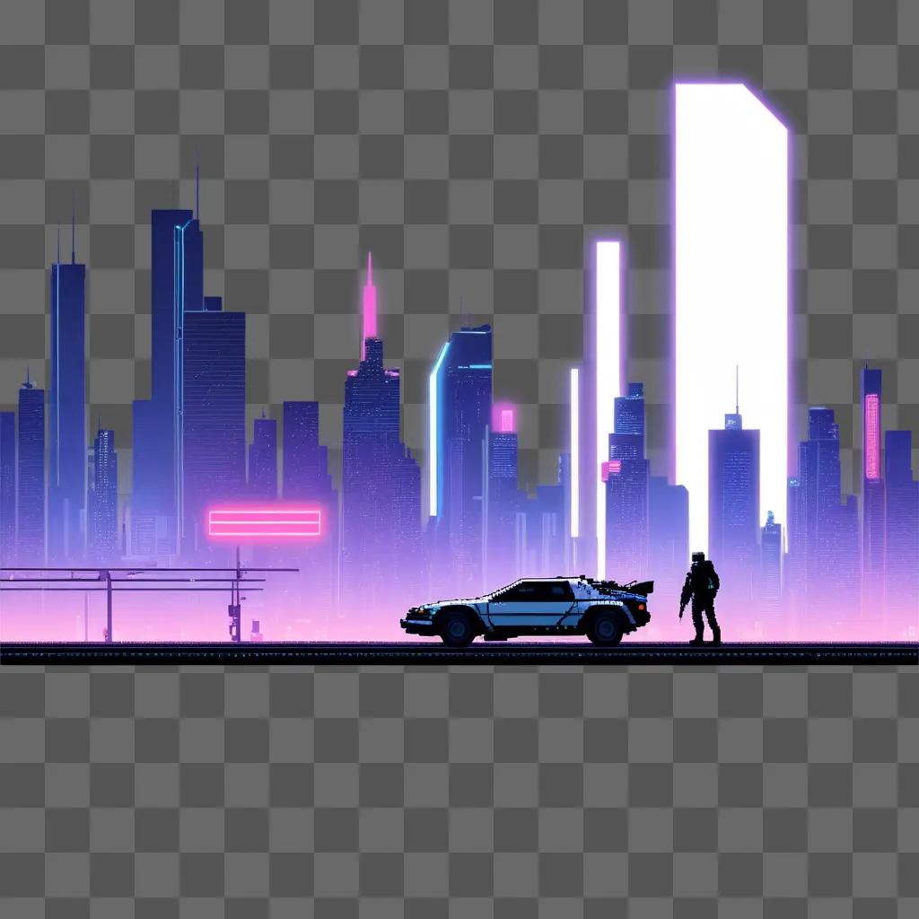 Retro video game scene with neon lights and cars