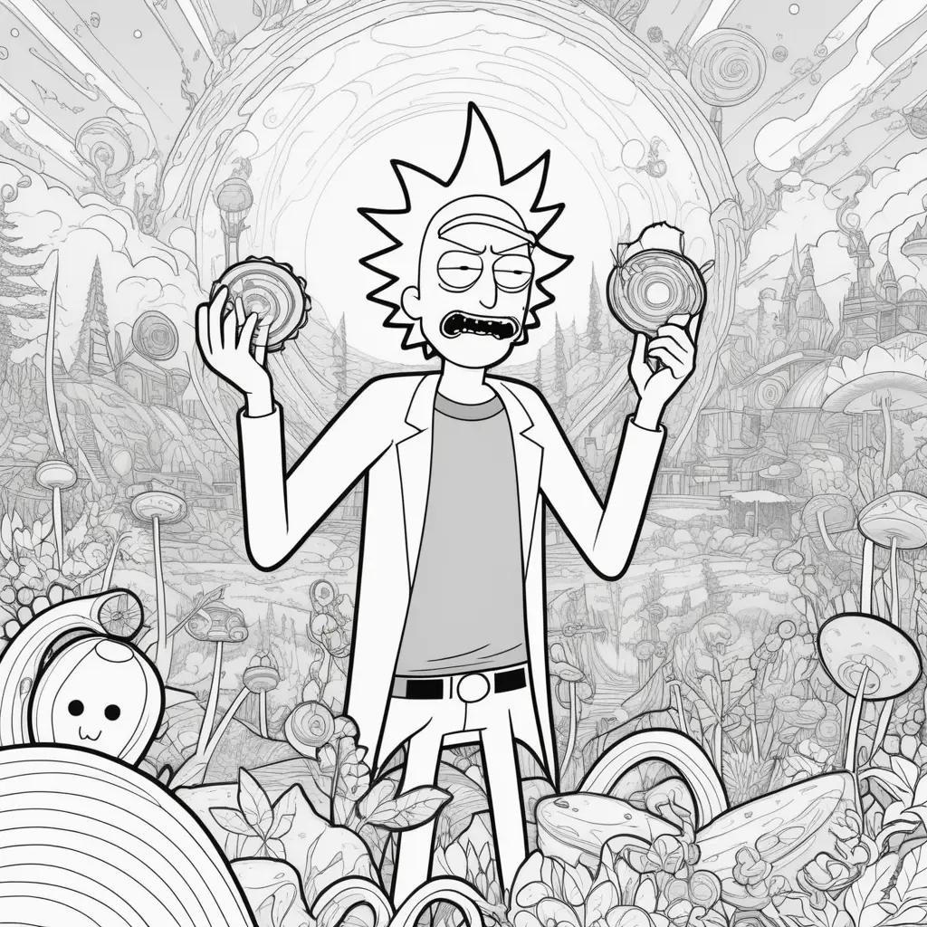 Rick and Morty coloring page features a man holding a pair of donuts