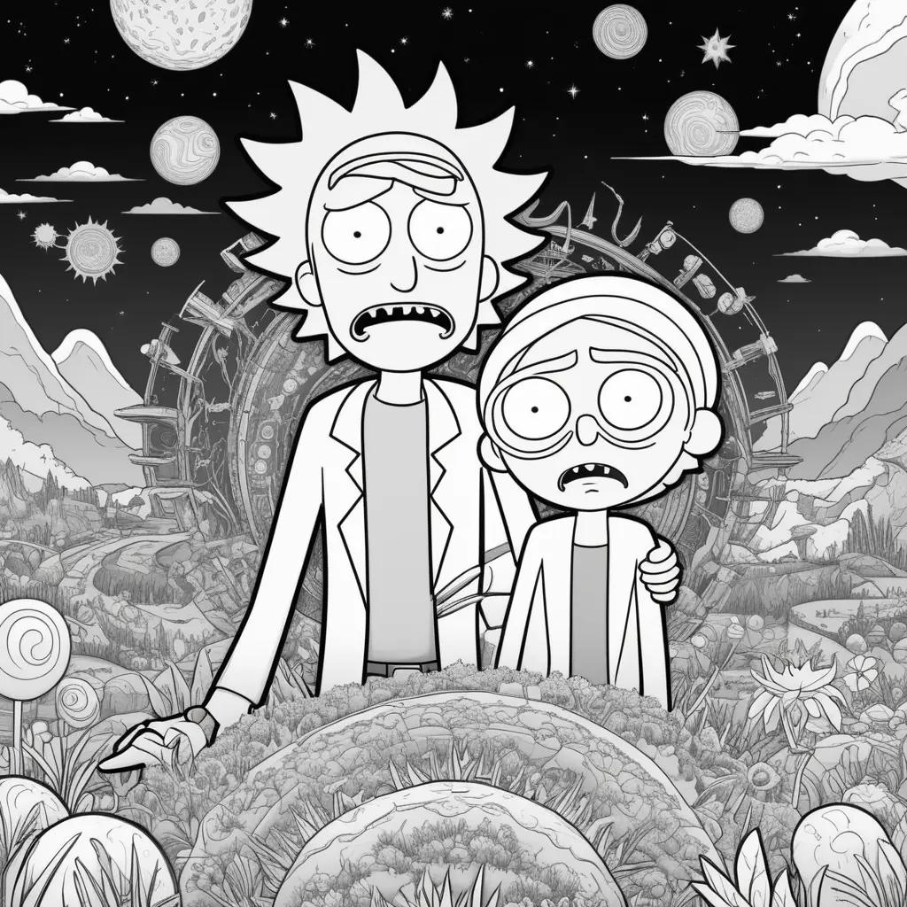 Rick and Morty coloring pages featuring a dark and light scene