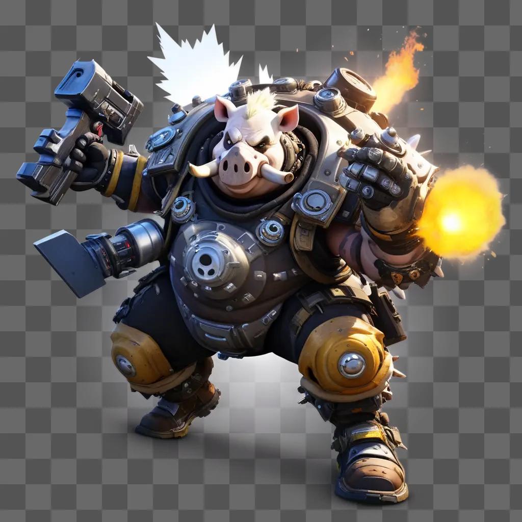 Roadhog: A cartoonish character with a gun and fire in his hands