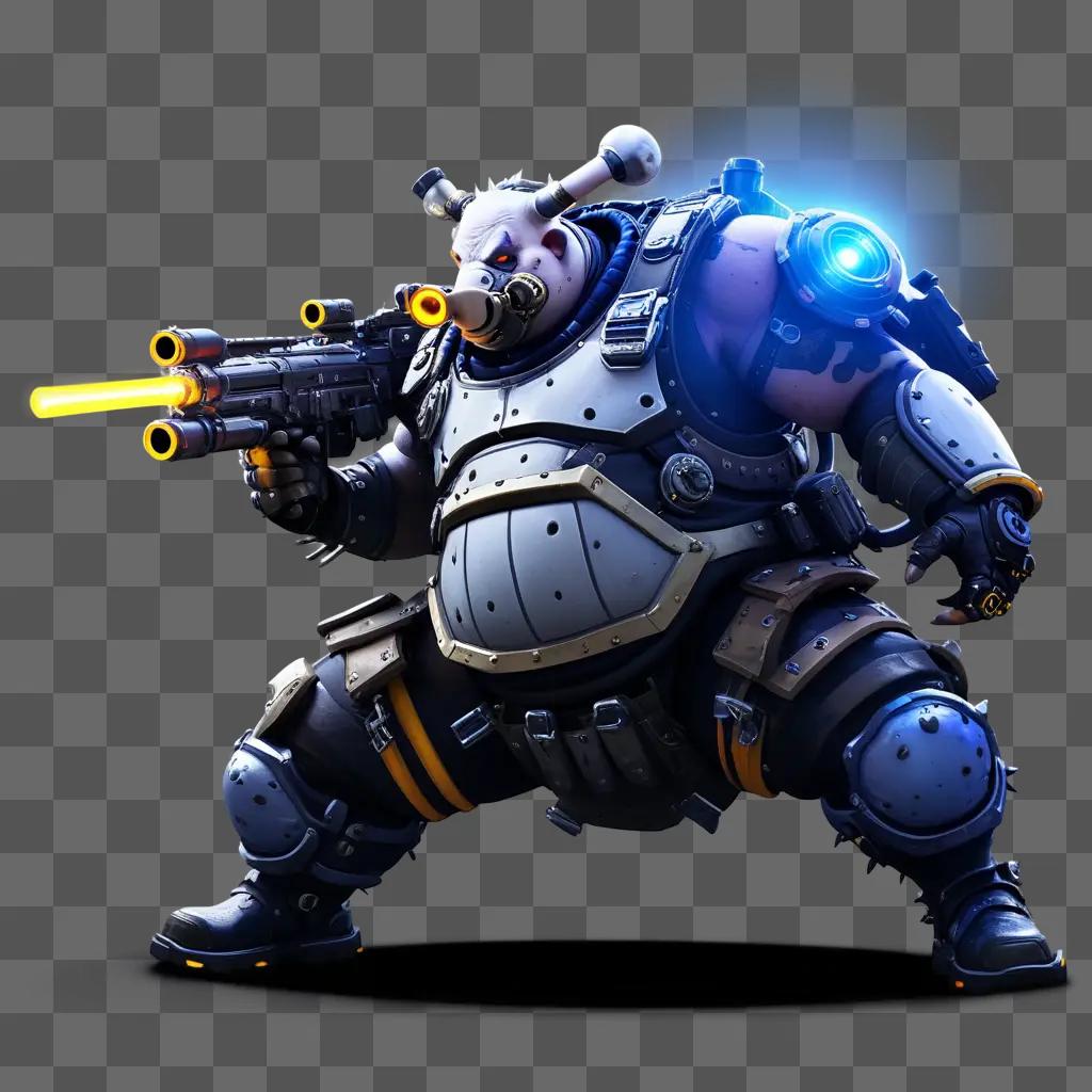 Roadhog is a character with armor, a gun, and a blue light