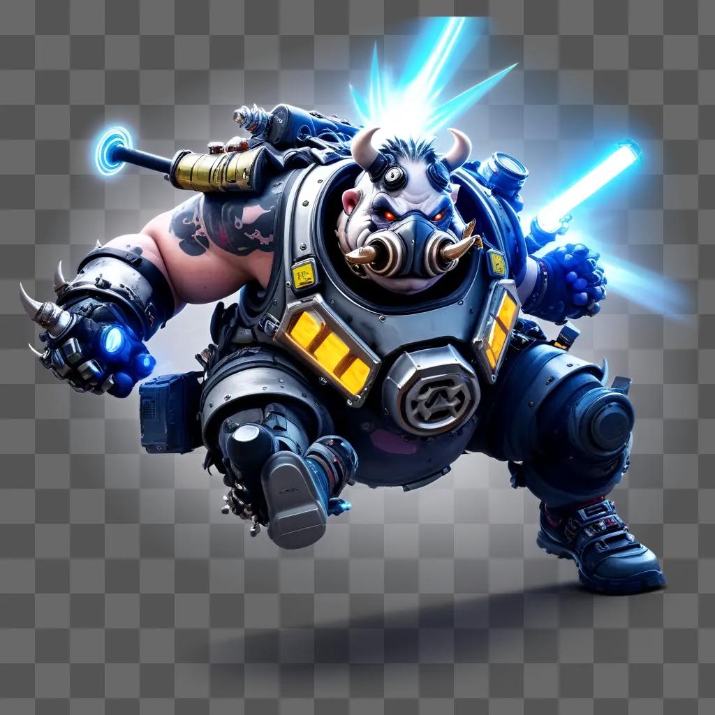 Roadhog is a giant warrior with a light blue light on his head