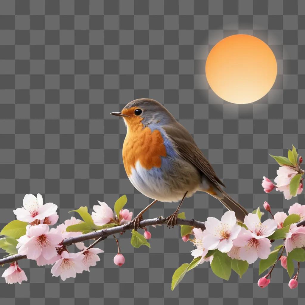 Robin perched on a branch with cherry blossoms