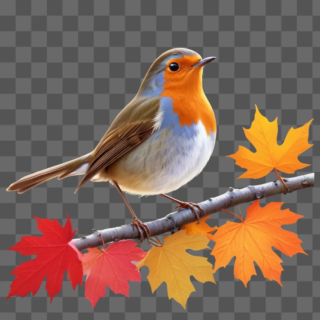 Robin perches on a branch with autumn leaves