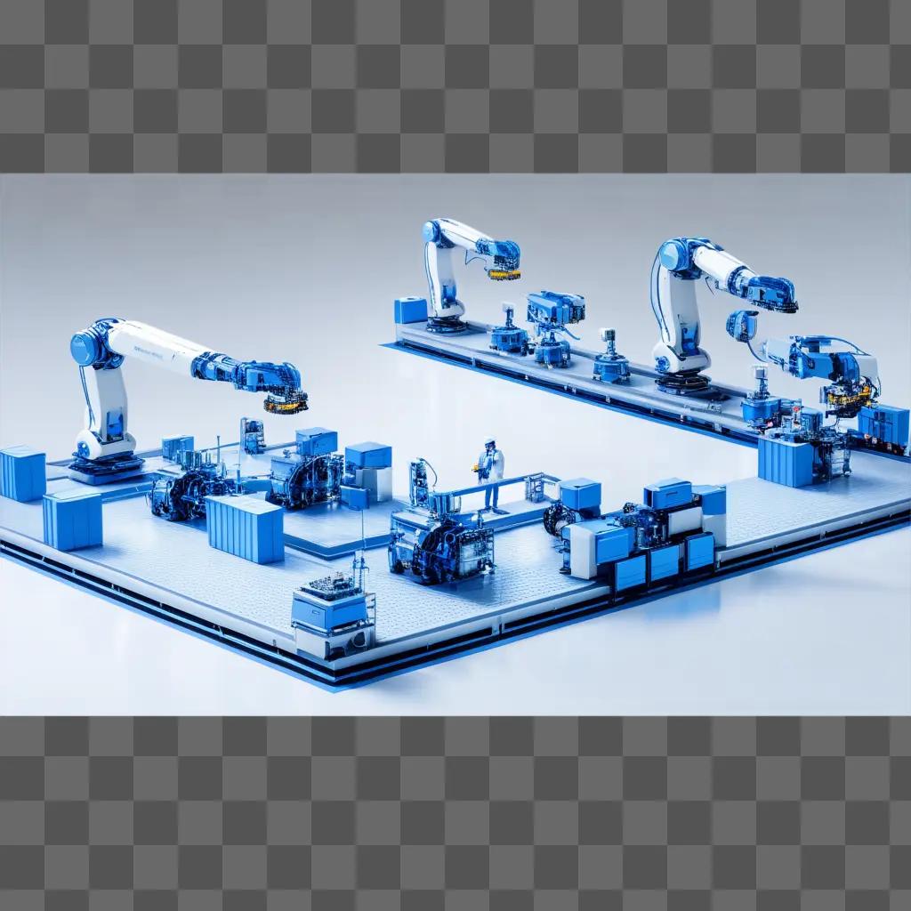 Robotic assembly line with blue and white machines