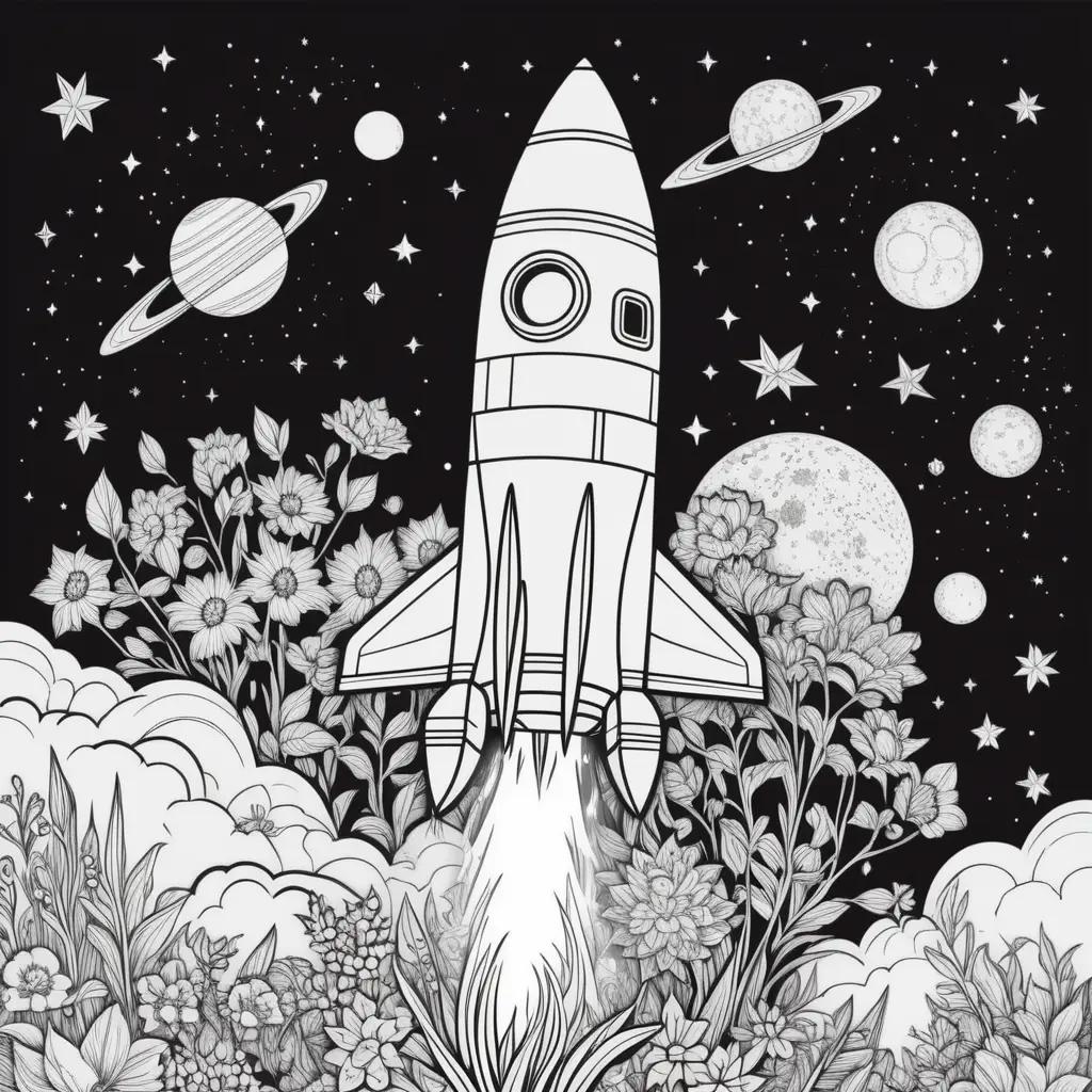 Rocket Coloring Pages is a black and white illustration of a rocket launching into space