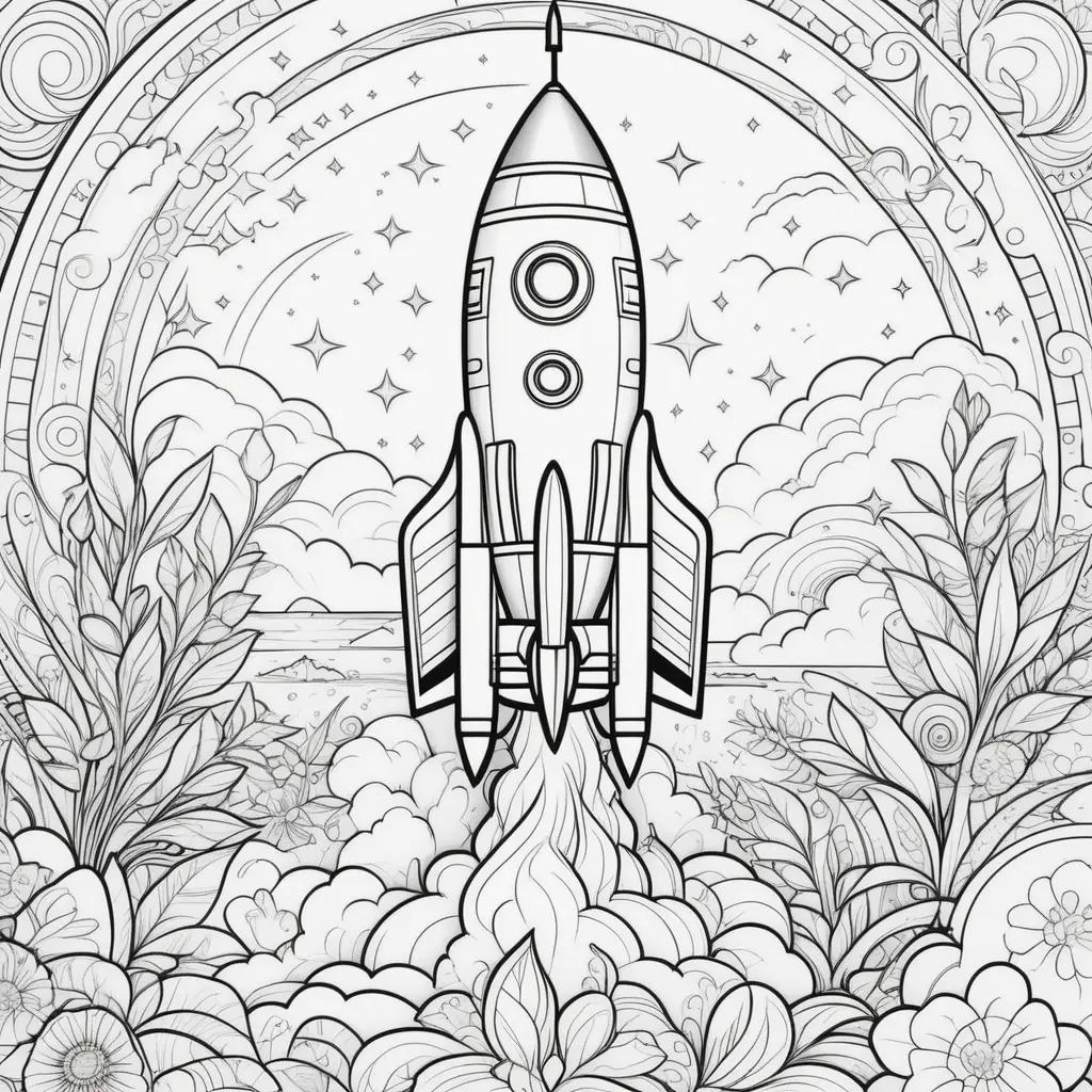 Rocket coloring pages with a cloud background