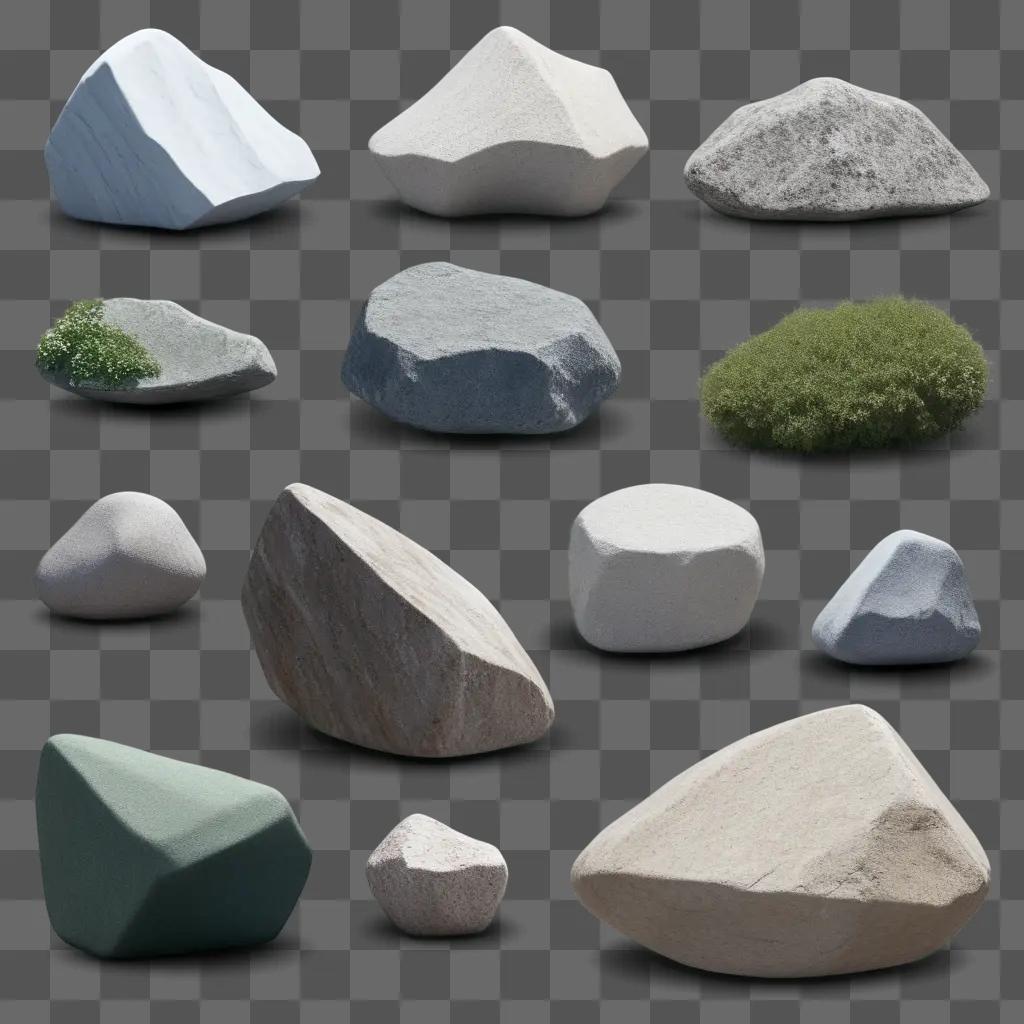 Rocks in various shapes and sizes, some with moss on them