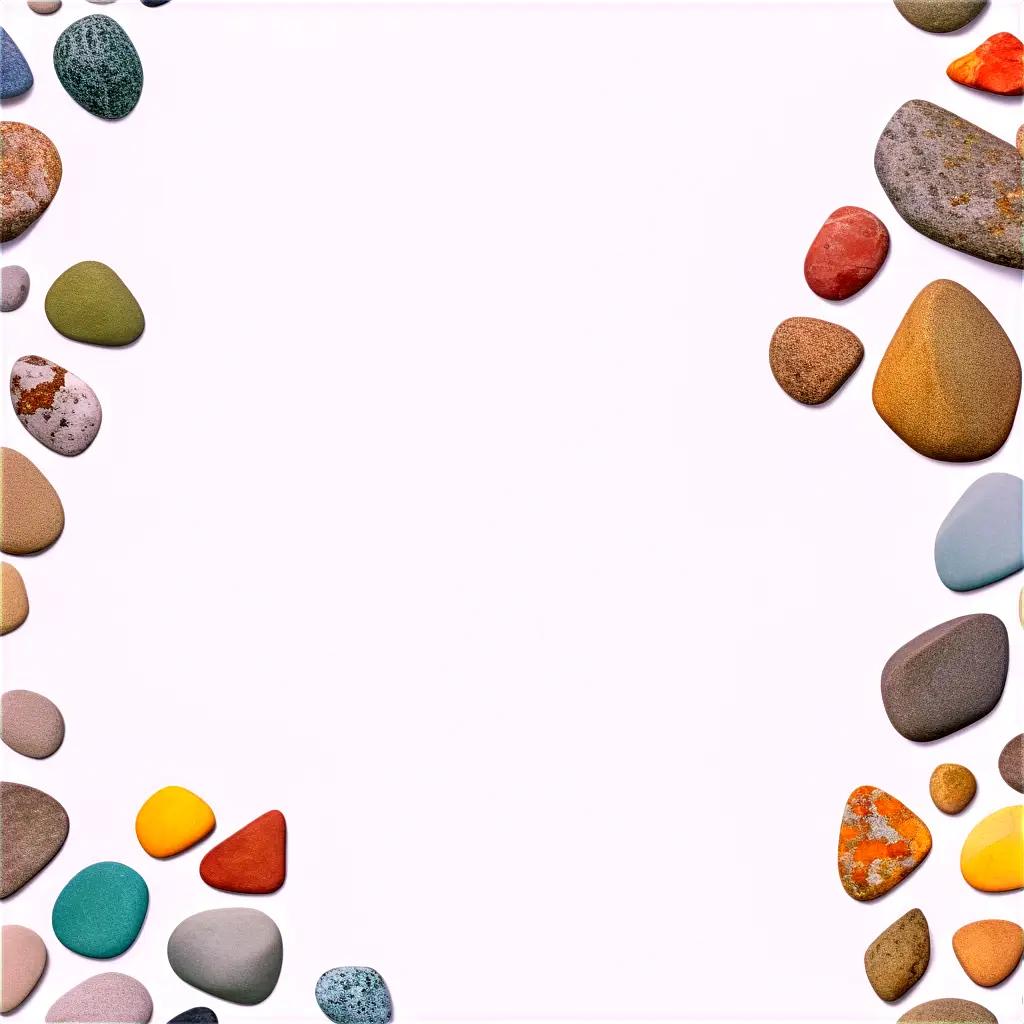 Rocks of different colors surround a white background