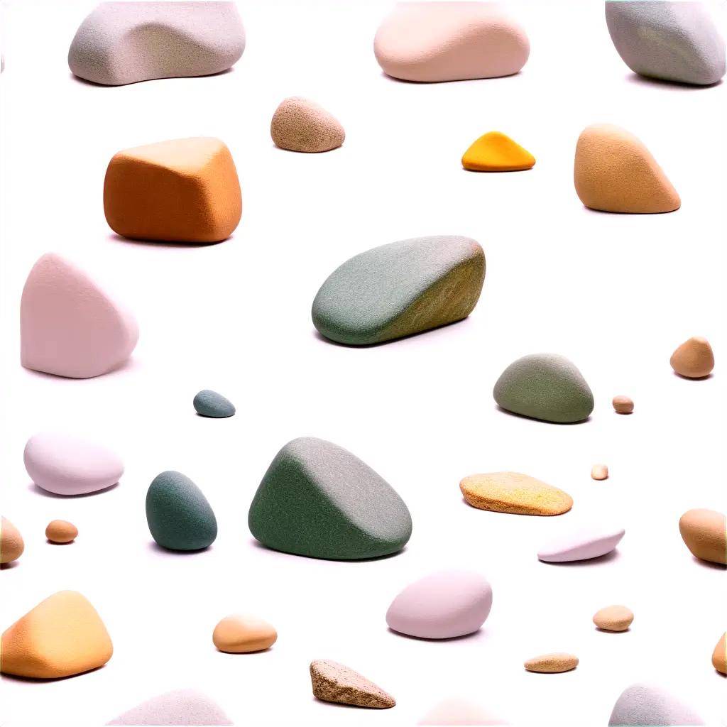 白い背景にさまざまな色や形の岩が配置されています