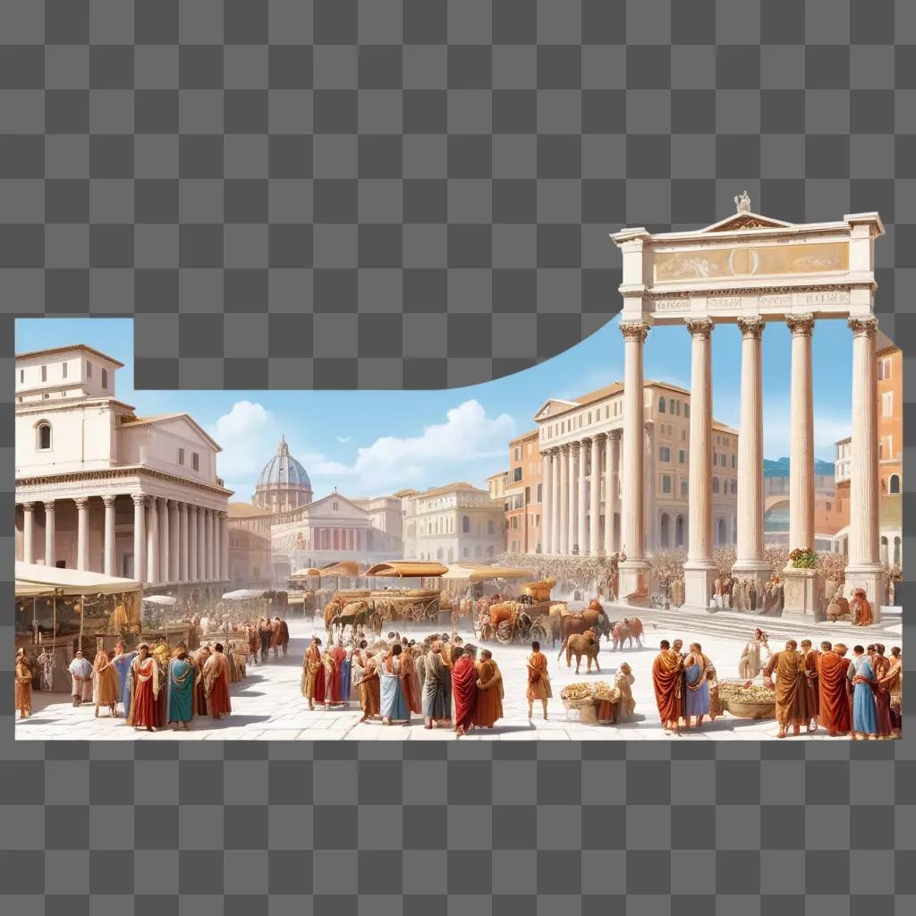 Roman market square with statues of Roman emperors