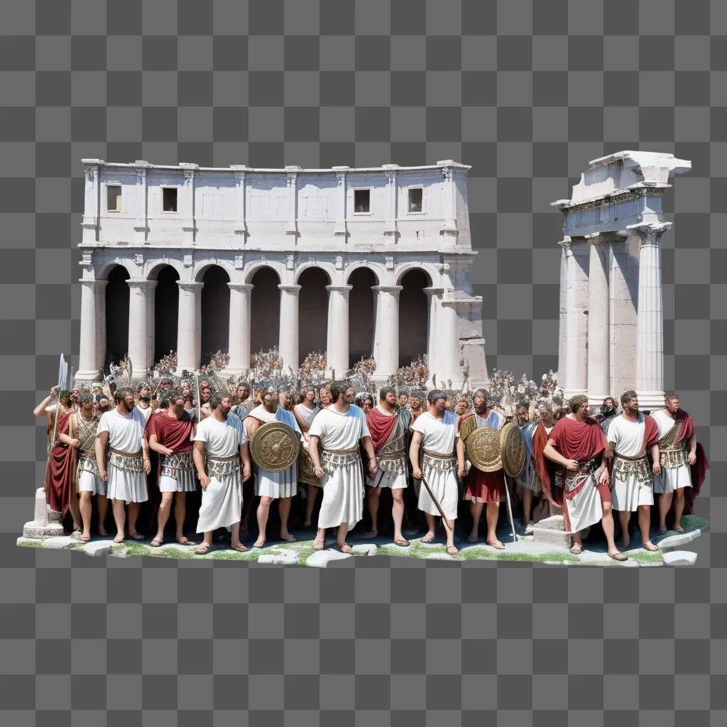 Roman soldiers standing in a line in front of a building