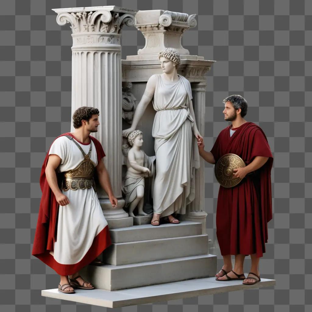 Roman statues stand in front of a red wall