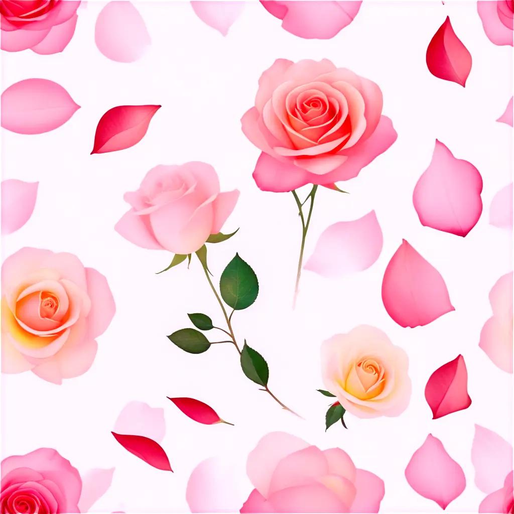 Rose petals floating on a white background