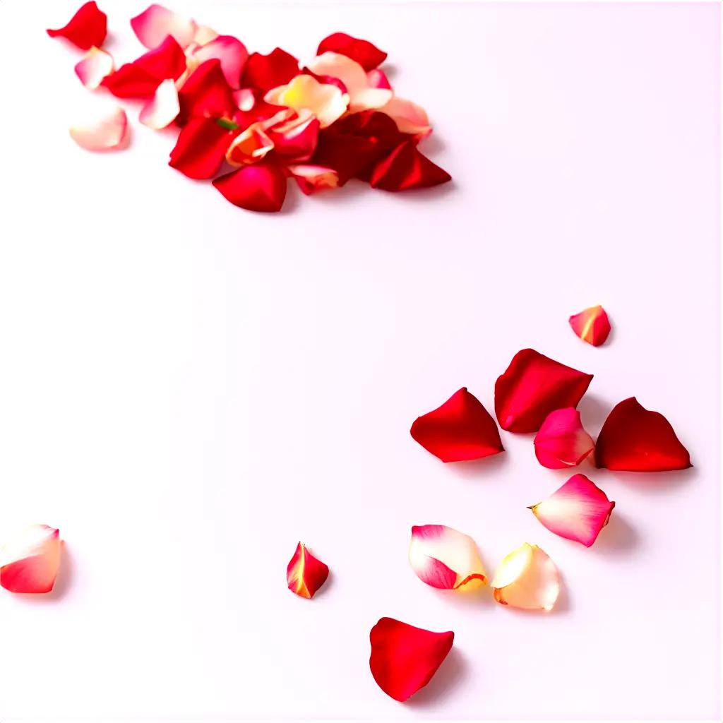 Rose petals on white background scattered and falling