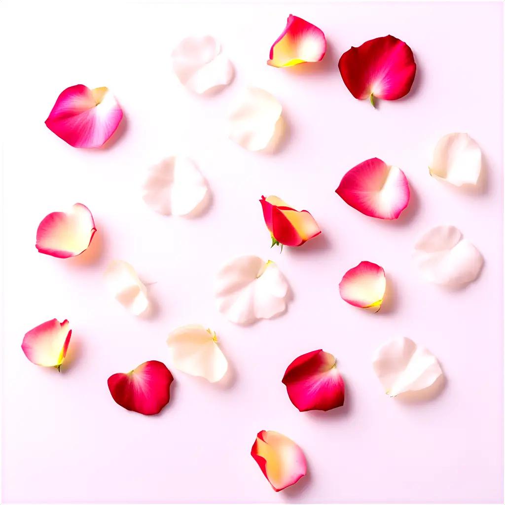 Rose petals scattered on a pink background