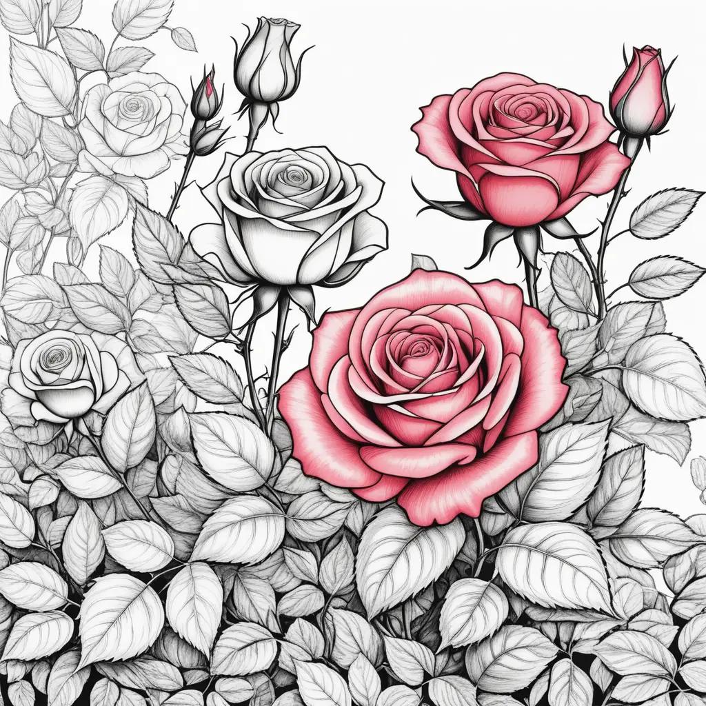 Roses and leaves in a black and white color page