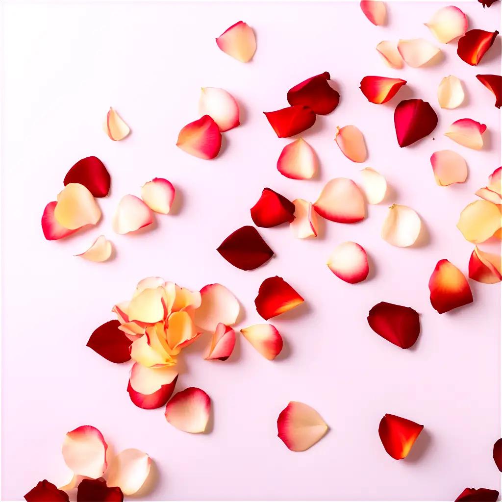 Roses petals scattered on a pink background