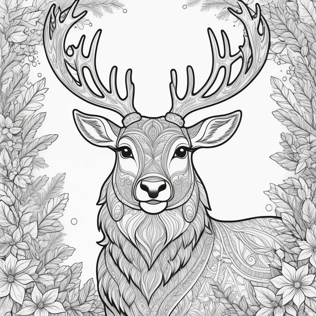 Rudolph coloring page with antlers, flowers, and leaves