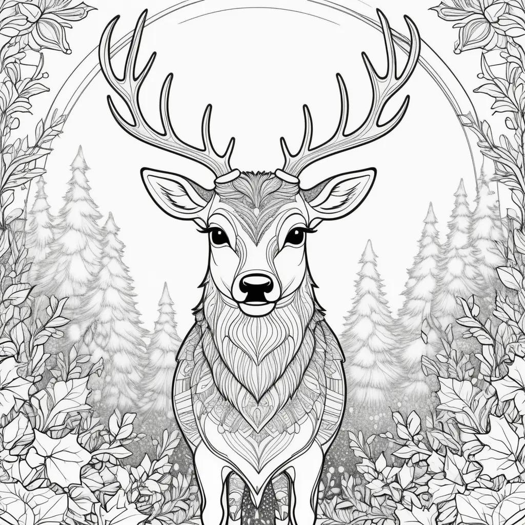 Rudolph coloring page with deer and pine trees