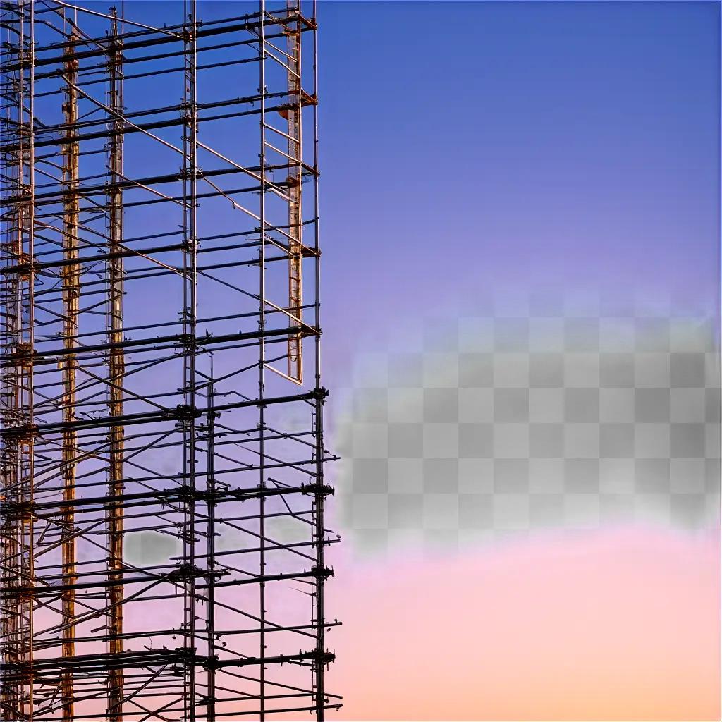 Safety fence and scaffolding stand in the sunset