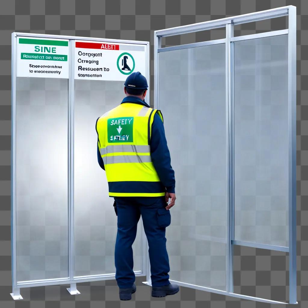 Safety inspector stands in front of metal door