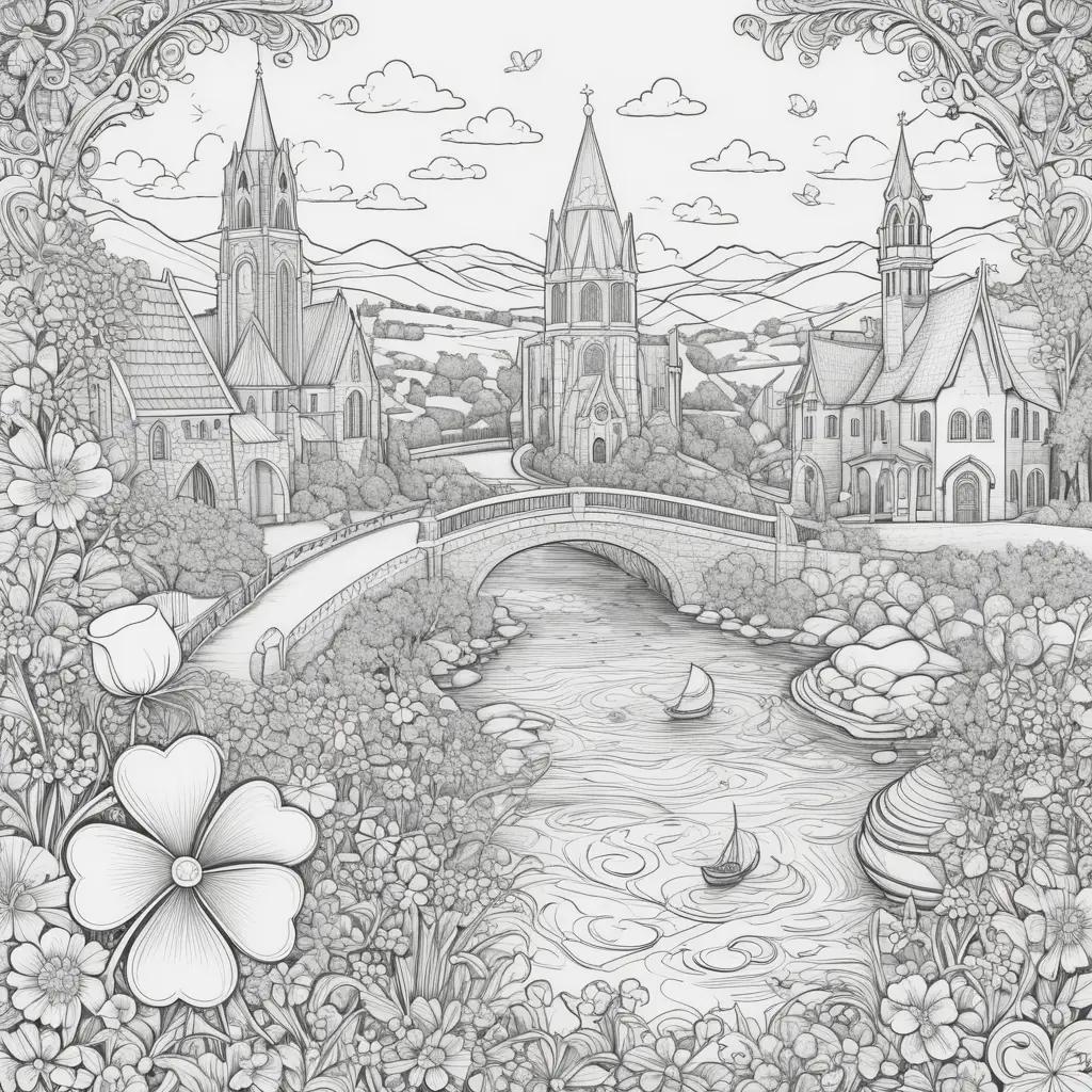 Saint Patricks Day coloring page features a bridge and a castle