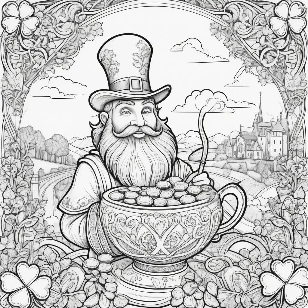 Saint Patricks Day coloring pages: man with hat and beard, pot of gold, castle