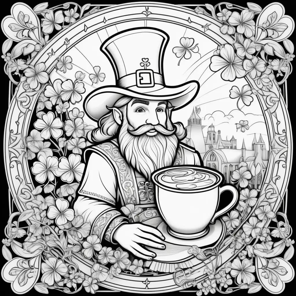 Saint Patricks Day coloring pages featuring a bearded man with a cup of coffee