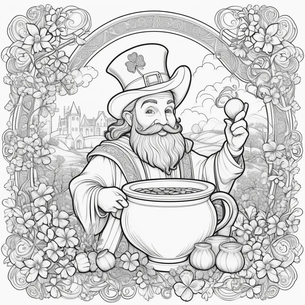 Saint Patricks Day coloring pages featuring a man with a hat and a pot of gold