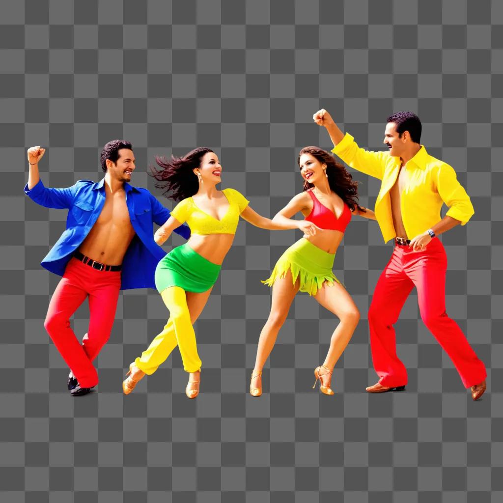 Salsa dancers in vibrant clothing perform in front of a colorful background