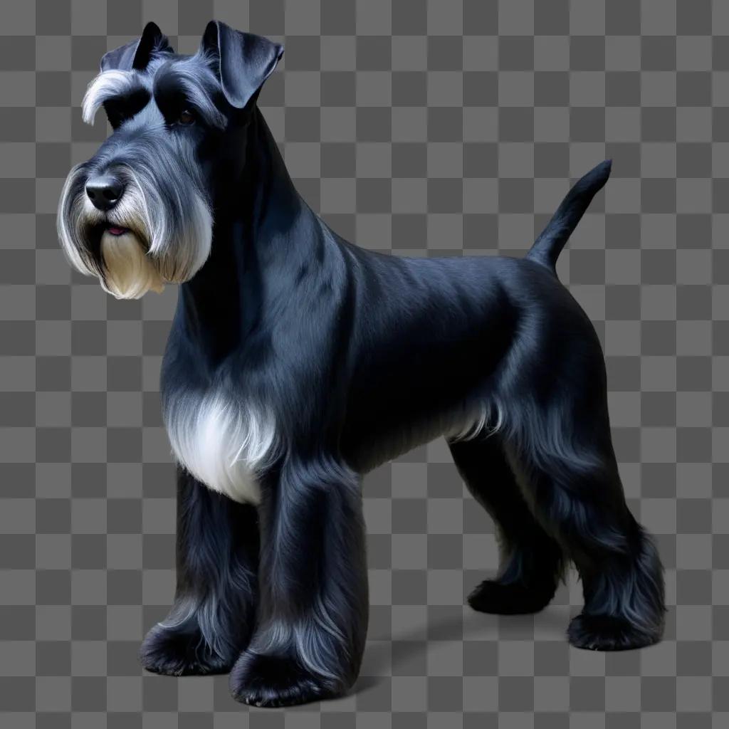 Salt and pepper giant schnauzer stands against dark background