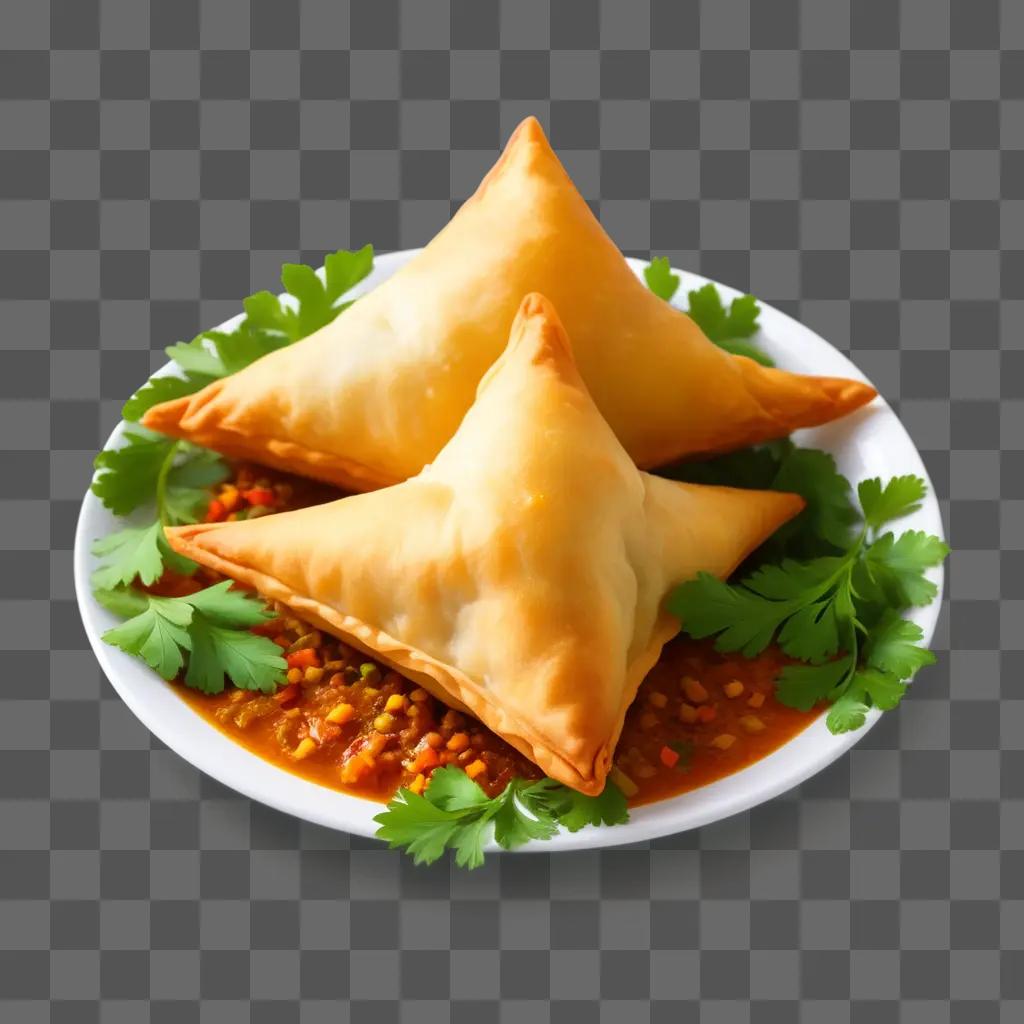 Samosas on plate with herbs and sauce