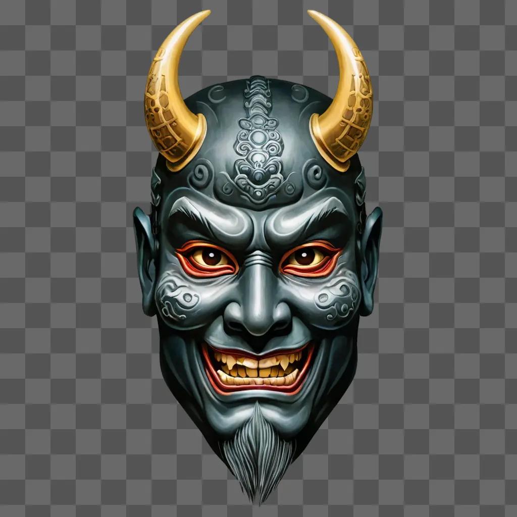 Samurai Mask Tattoo Design with horns and glowing eyes