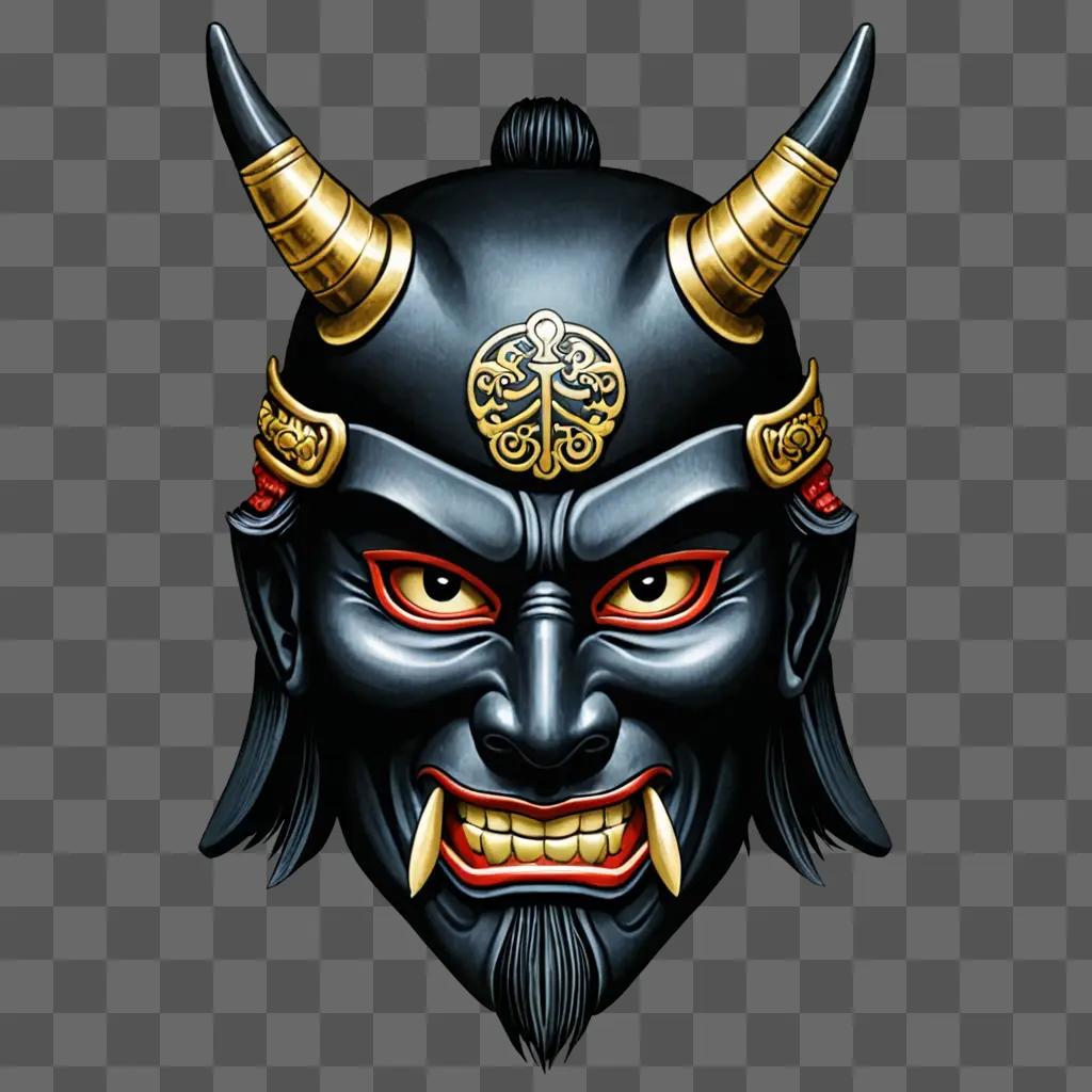 Samurai mask tattoo design on a black background