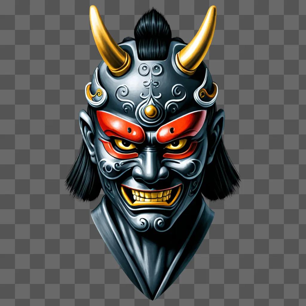 Samurai mask tattoo design with horns and eyes