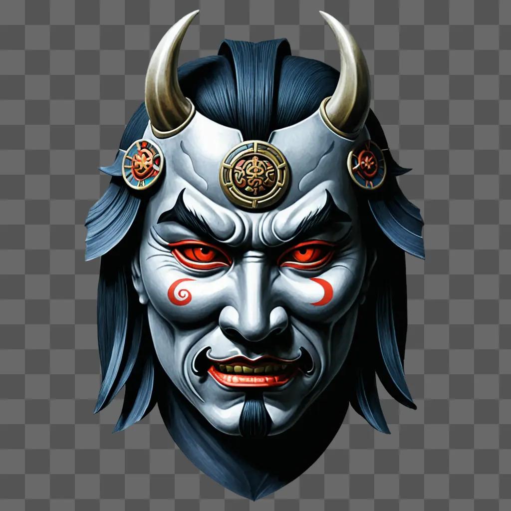 Samurai mask tattoo design with horns and red eyes