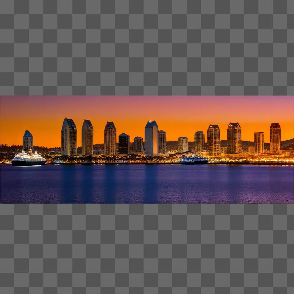 San Diego skyline at sunset with cruise ship in foreground