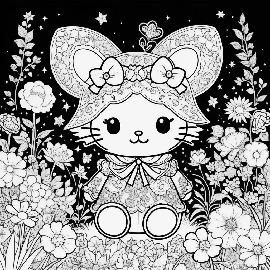 Sanrio coloring page featuring a cat and flowers