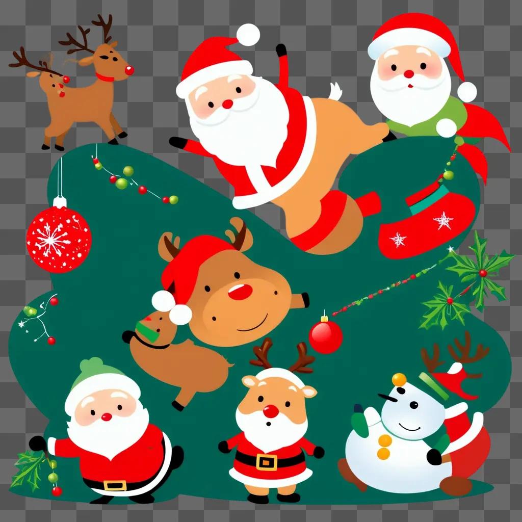 Santa, reindeer, snowman and ornament in festive Christmas clipart