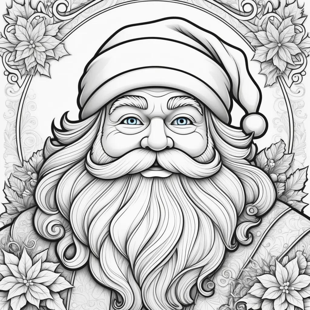 Santa Claus coloring page with a beard, mustache, and hat